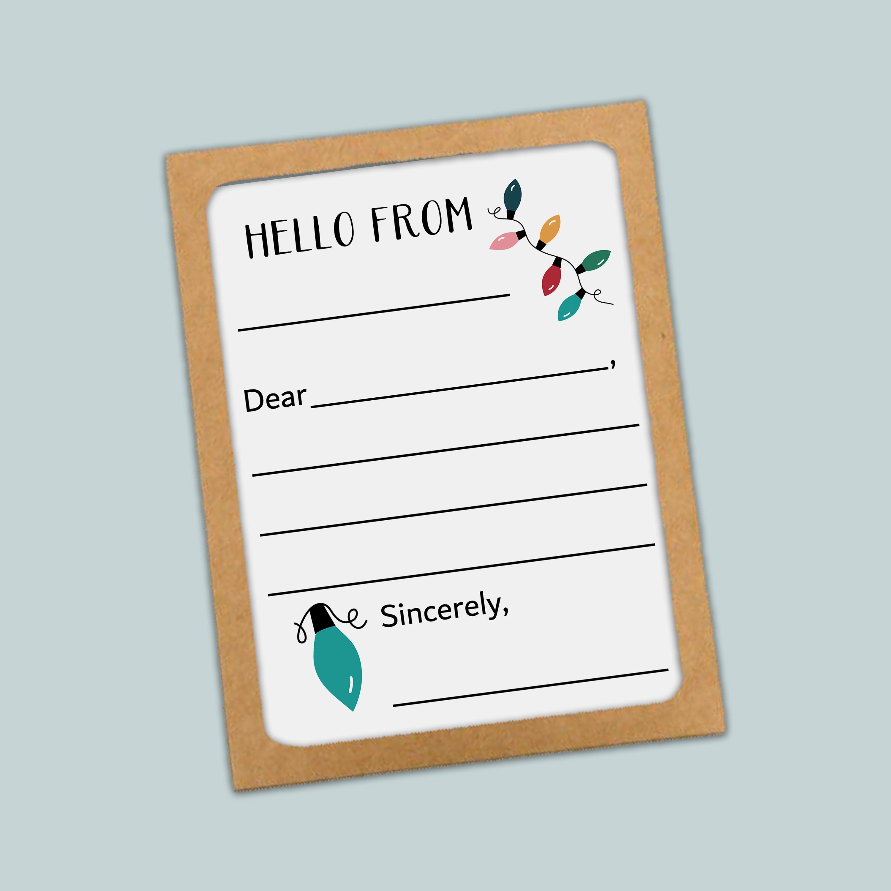 The image is a greeting card with a blank space for a message and a decorative element featuring colorful lights.