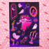 A rectangular art print or card featuring a gothic illustration with a pink-haired girl in a pink dress on a dark purple staircase, surrounded by ghosts, candles, roses, and an oval portrait frame. The print is photographed flat against a pink polka-dot background with bat motifs.
