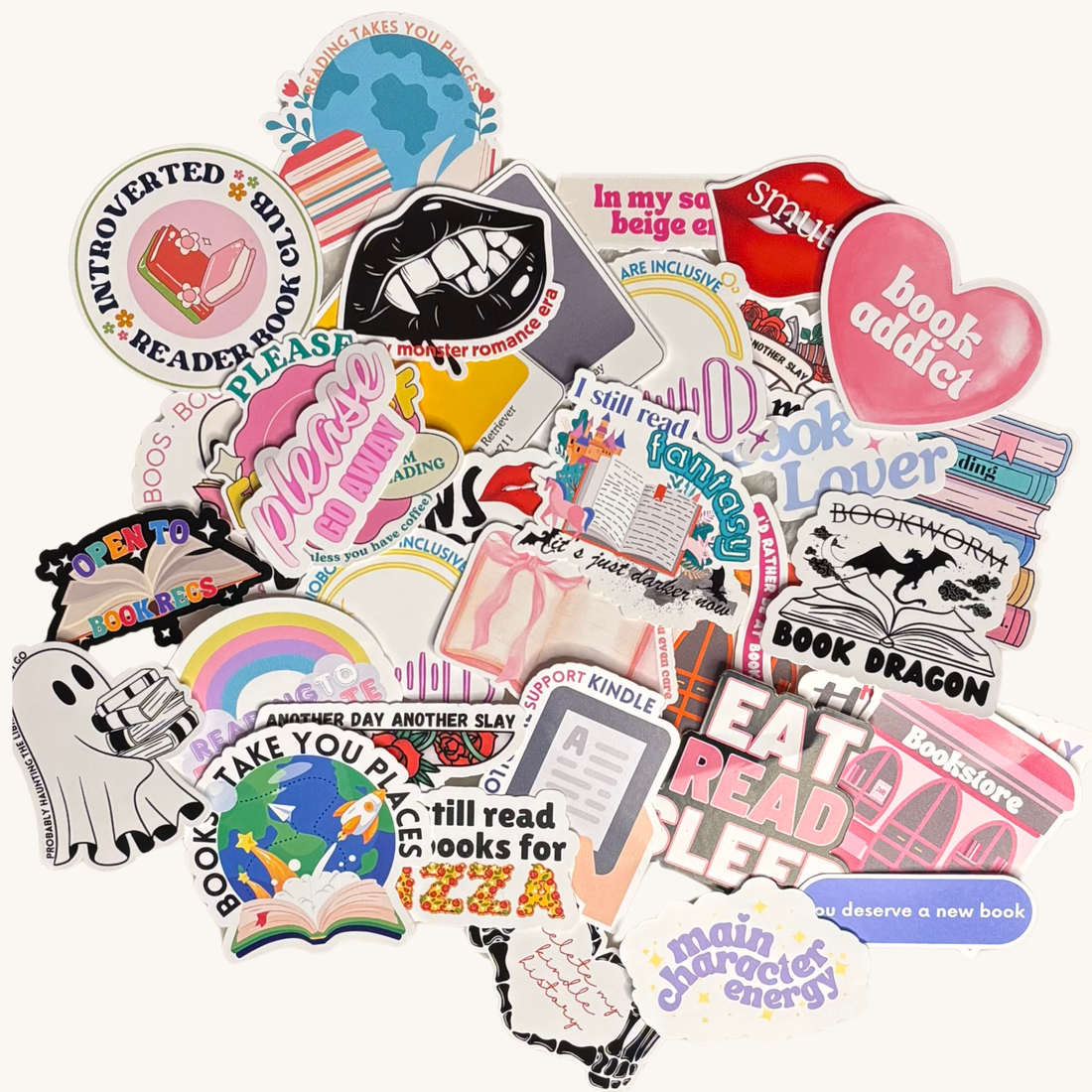 Collection of colorful book-themed stickers on a white background