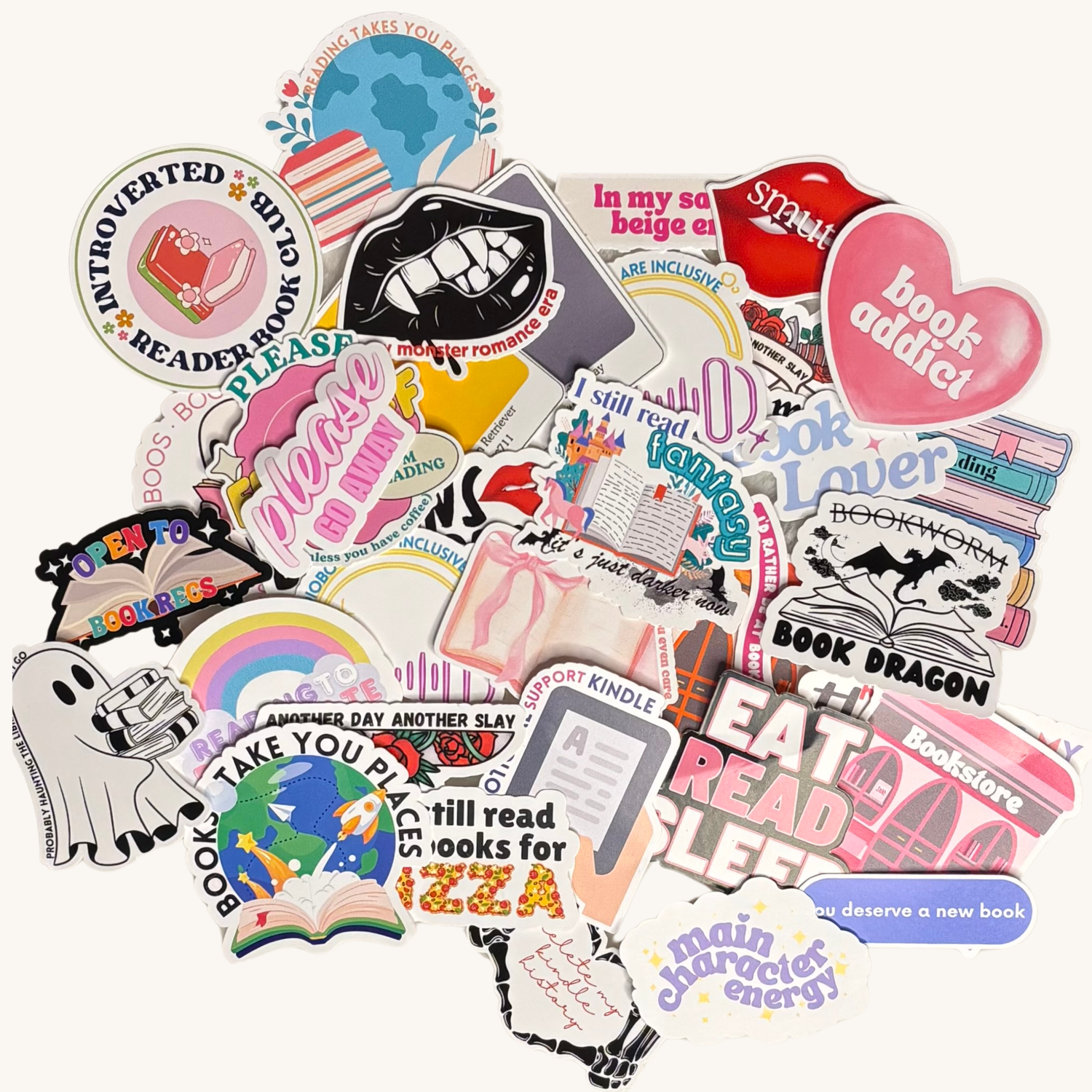 Collection of colorful book-themed stickers on a white background