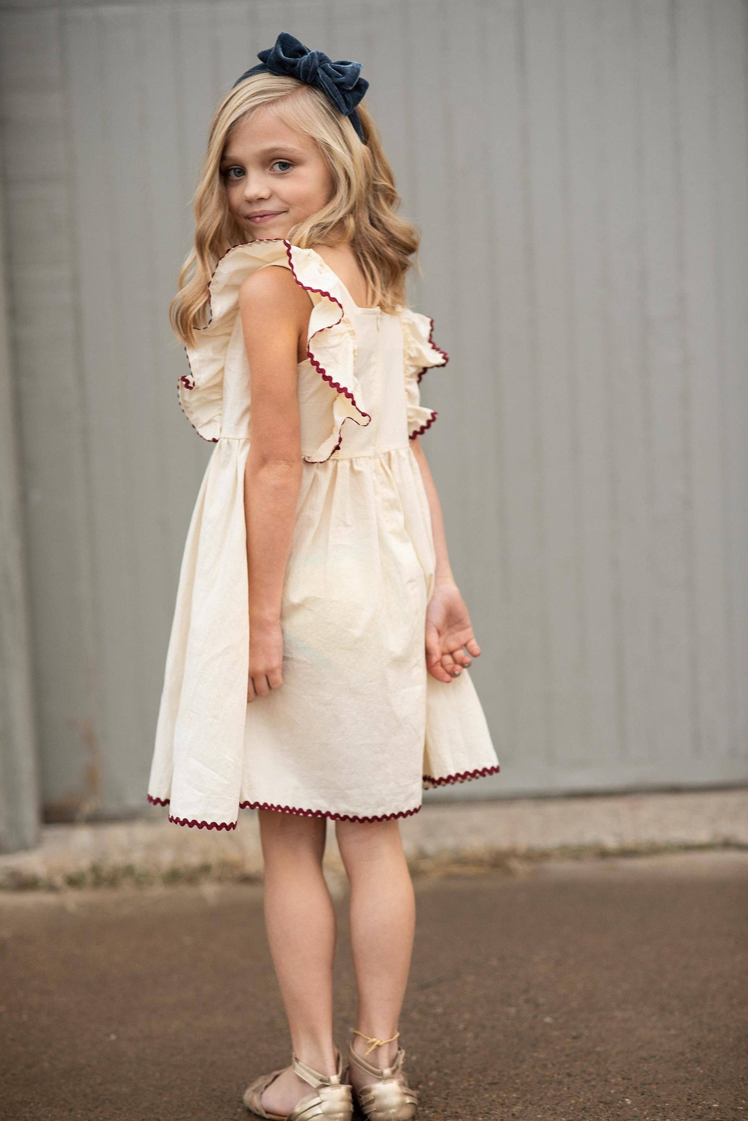 Kids Cream &amp; Burgundy Floral Embroidered Pinafore Dress