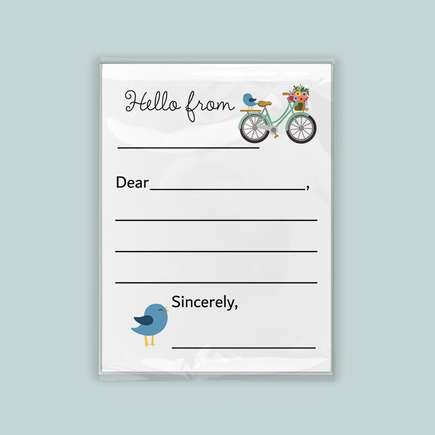 The image is a blank letterhead with a bicycle illustration and a bird illustration. The letterhead has a blank space for the recipient&