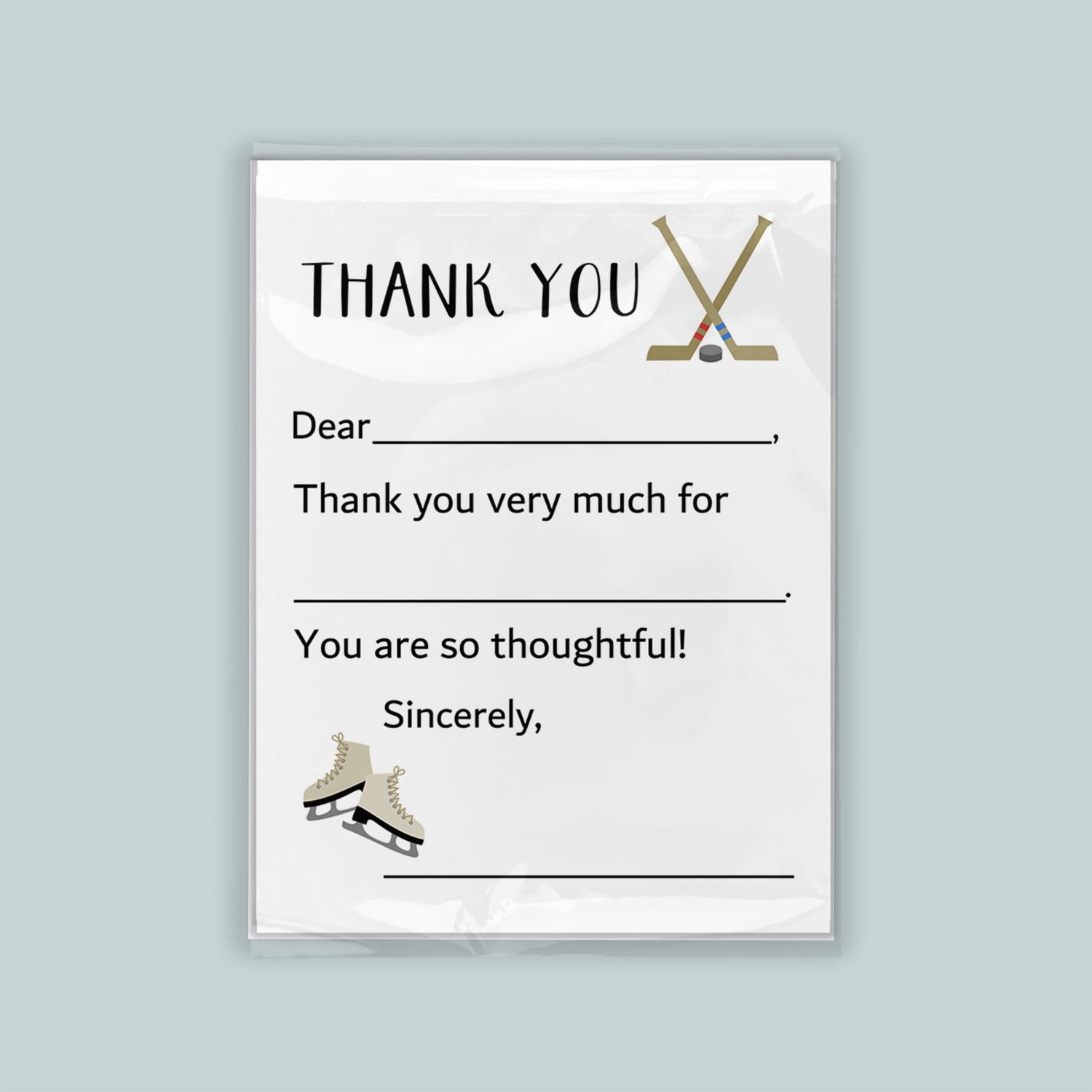 The image is a white thank you card with a hockey stick and skates on the front.