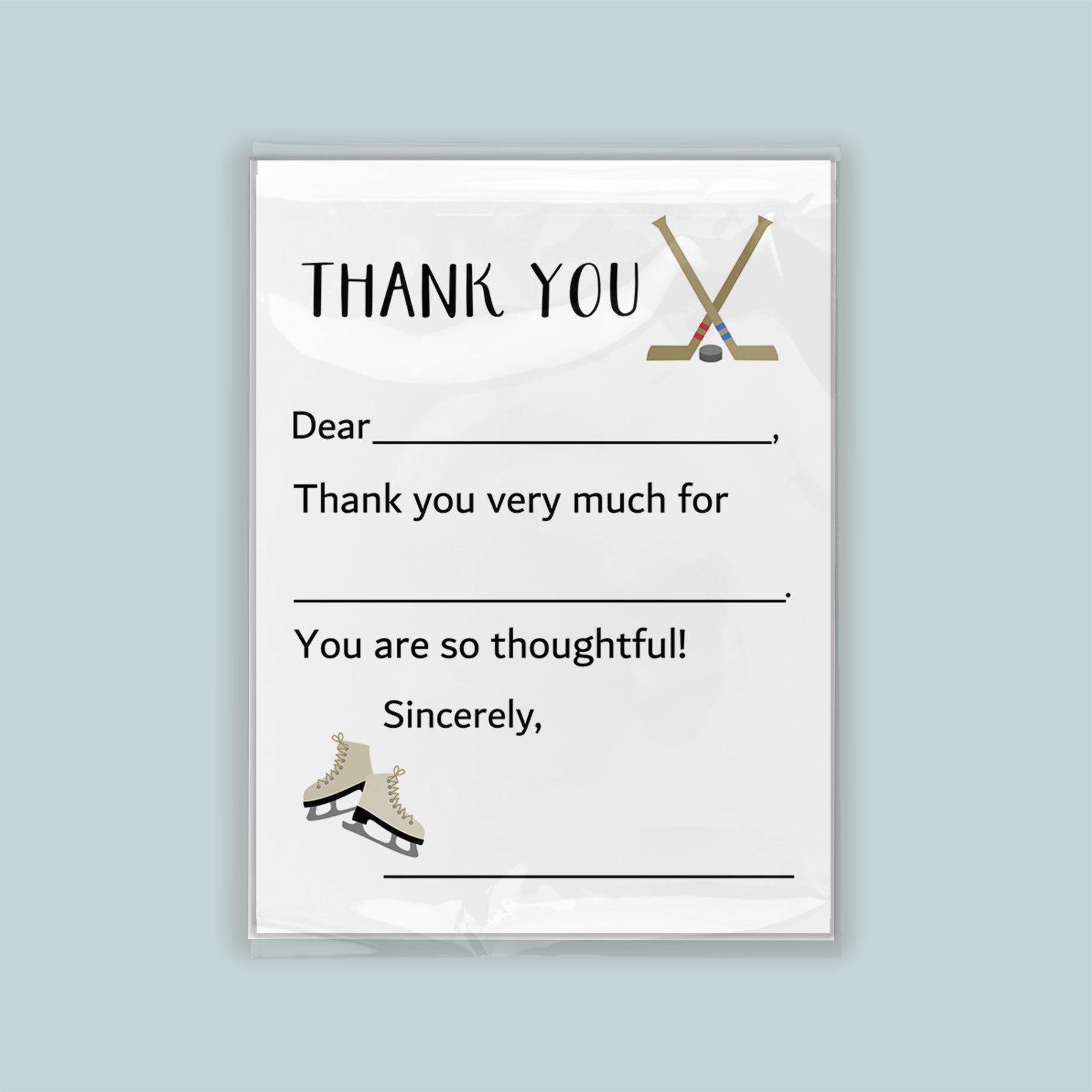 The image is a white thank you card with a hockey stick and skates on the front.