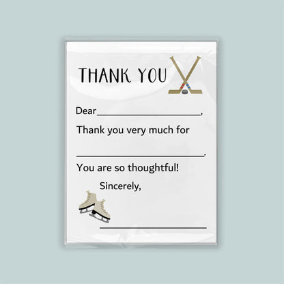 The image is a white thank you card with a hockey stick and skates on the front.