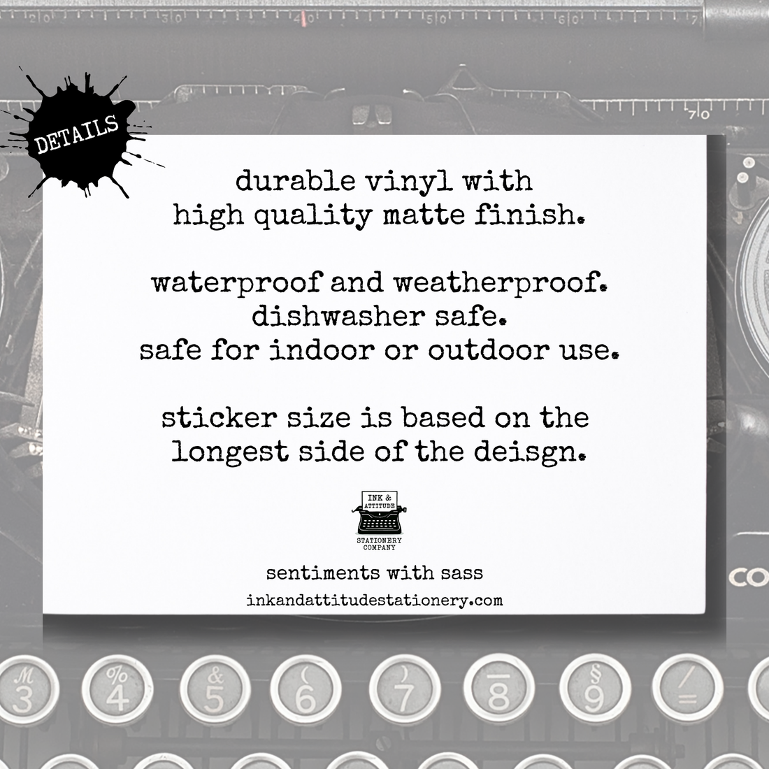 Text card with product details on a gray background