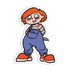 A cartoon die-cut sticker of a child with orange hair, blue overalls, a striped shirt, and orange shoes, shown on a plain white background.