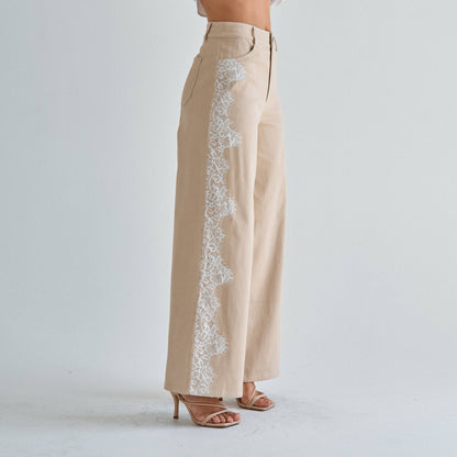 The Margot Lace-Trim Twill Pant — Olive
