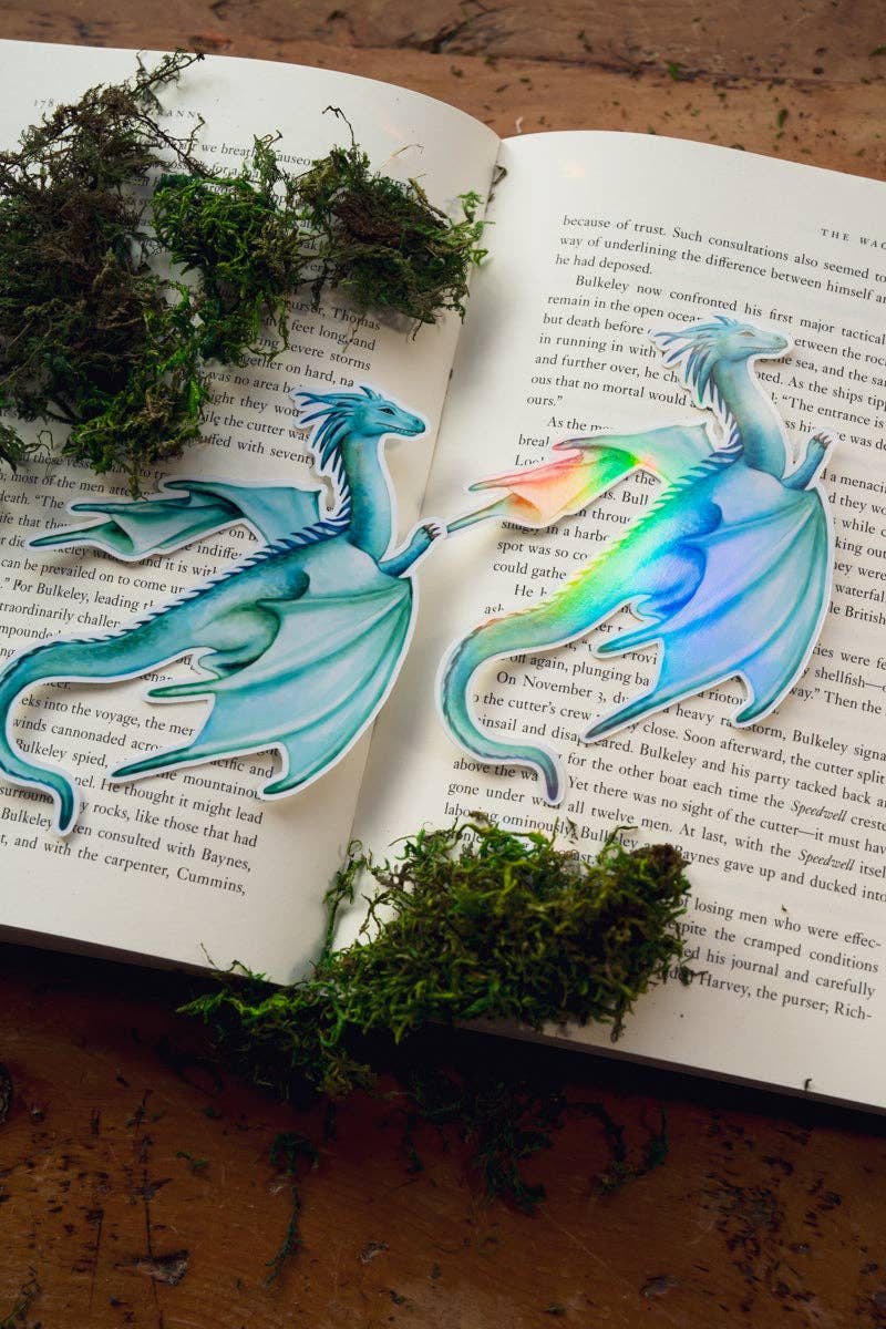 Open book with illustrations of dragons on a wooden surface