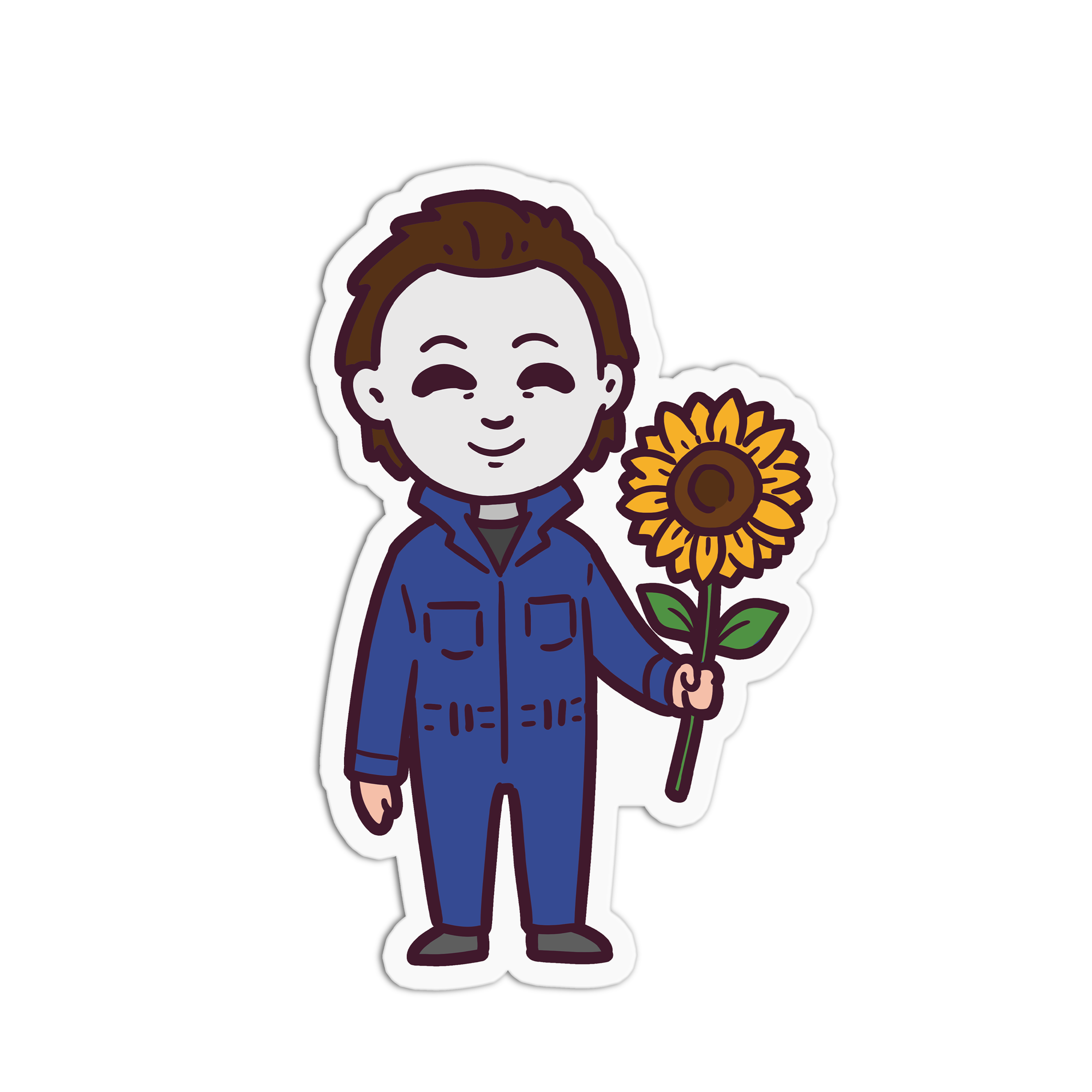Illustration of a character in blue coveralls holding a sunflower on a white background
