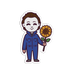 Illustration of a character in blue coveralls holding a sunflower on a white background