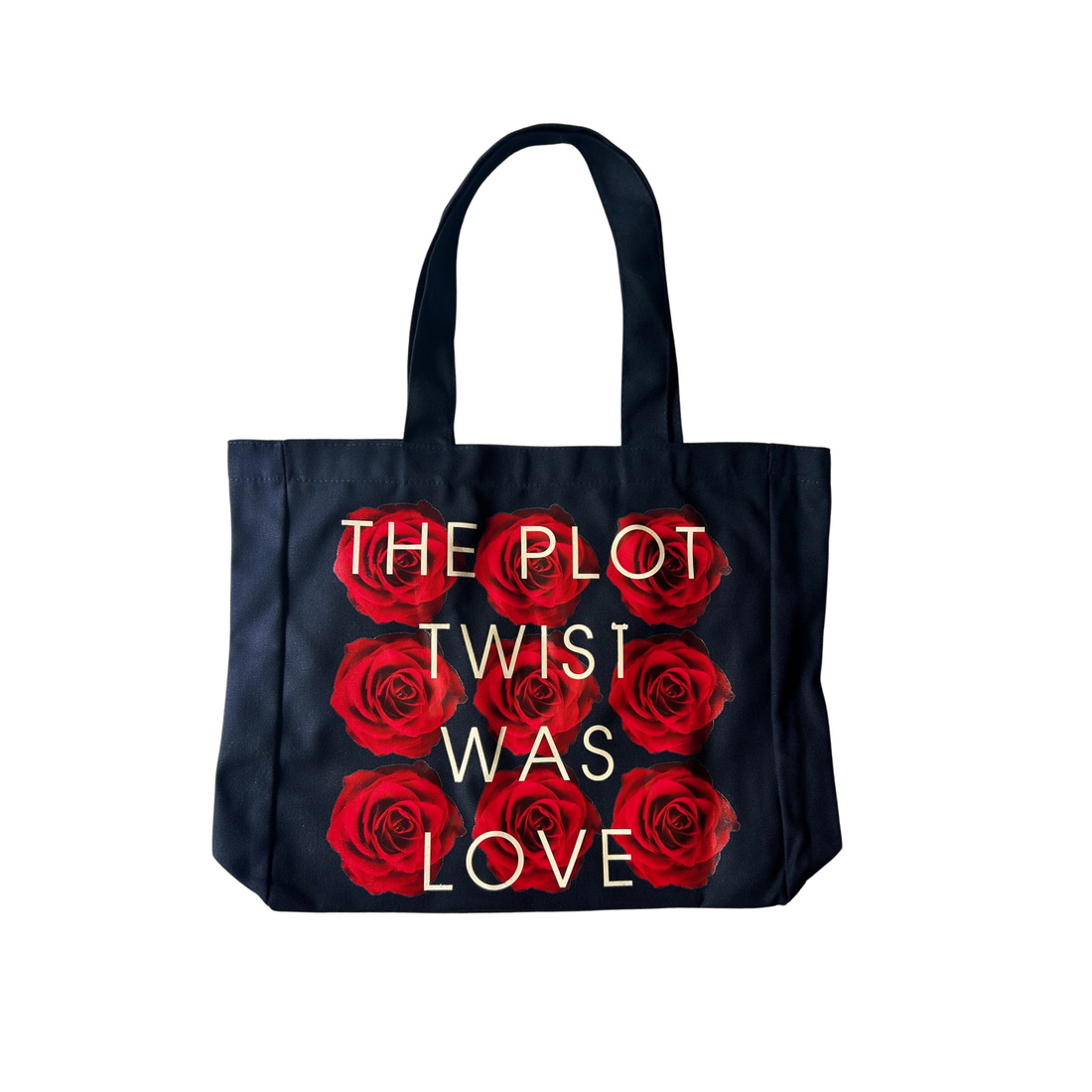 Black tote bag with red roses and text on a white background