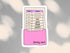 A die-cut sticker featuring a pink folder holding a cream-colored library card with a purple header and handwritten-style entries, shown on a soft gray background with blurred light patches.