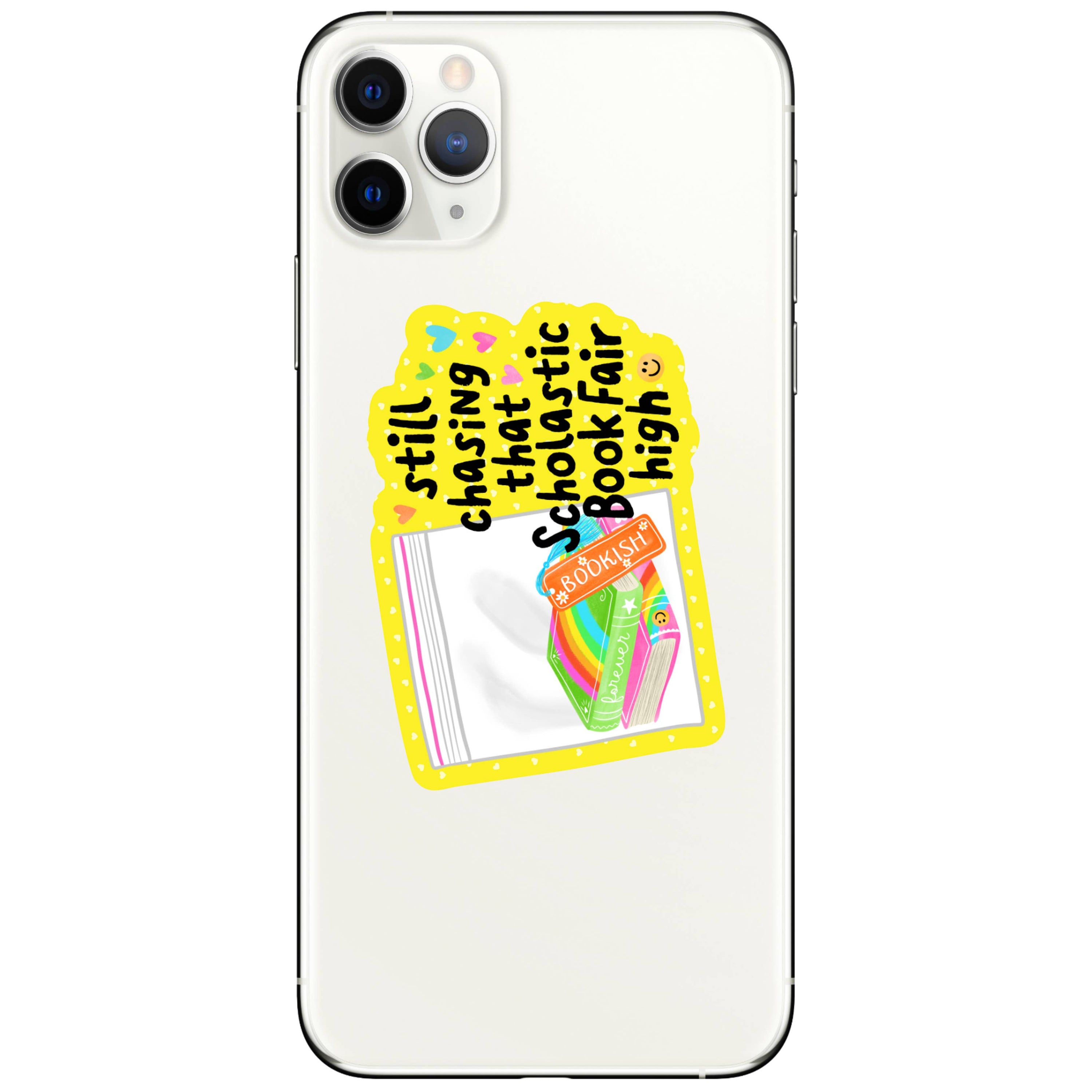 Phone case with colorful design and text on a white background