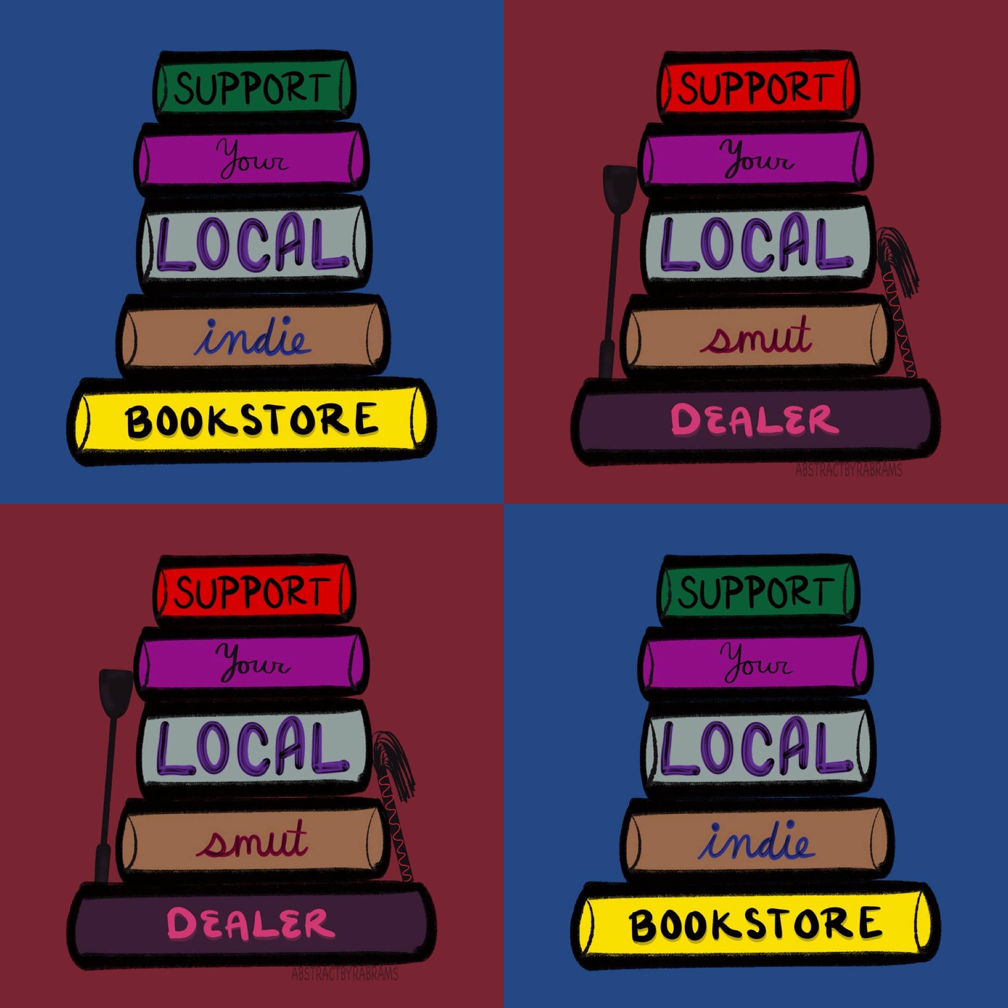 Four quadrants with stacks of books and text supporting local indie bookstore and dealer.