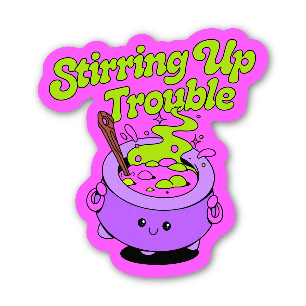 A die-cut sticker featuring a cartoon purple cauldron with green potion, a wooden spoon, and the text &