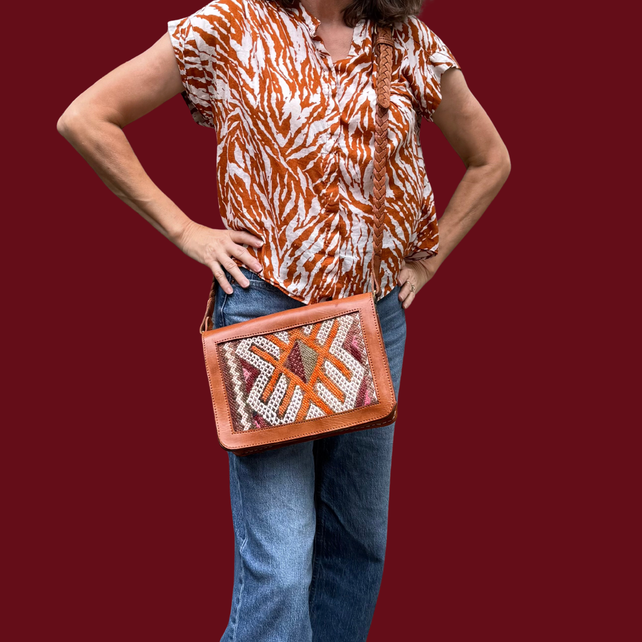 Leather &amp; Kilim Crossbody Bag – Handmade in Morocco from Full-Grain Vegetable-Tanned Leather