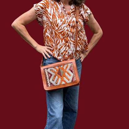 Leather &amp; Kilim Crossbody Bag – Handmade in Morocco from Full-Grain Vegetable-Tanned Leather