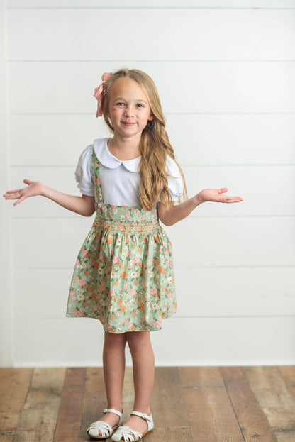 Kids Sage &amp; White Floral Jumper Skirt Easter Collar Set