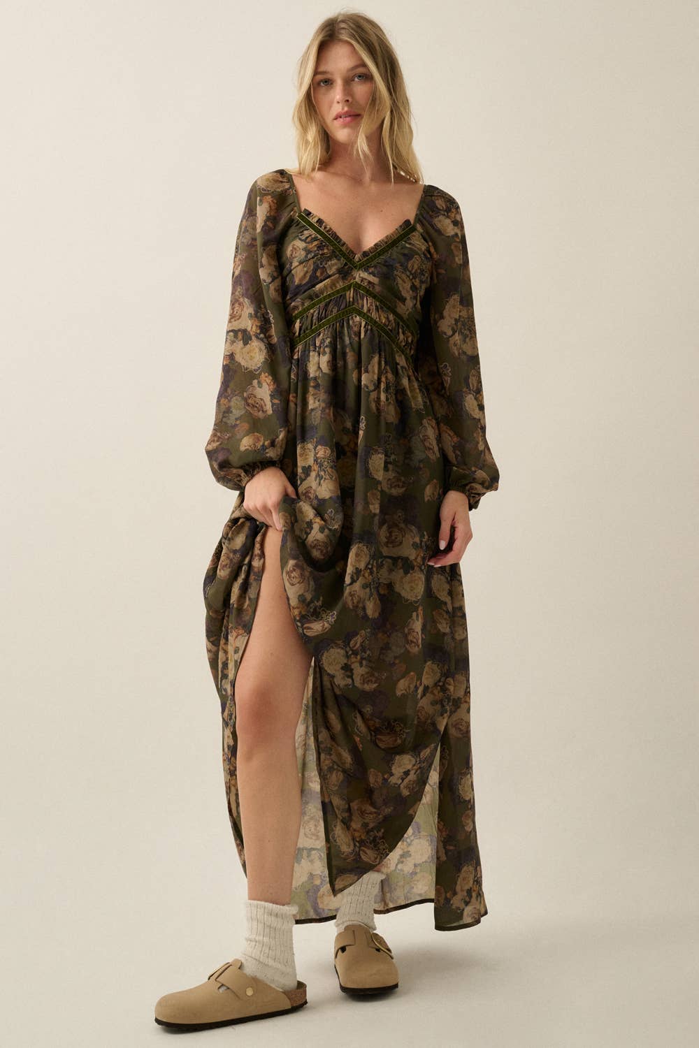 Floral-Print Velvet-Trimmed Bubble-Sleeve Maxi Dress