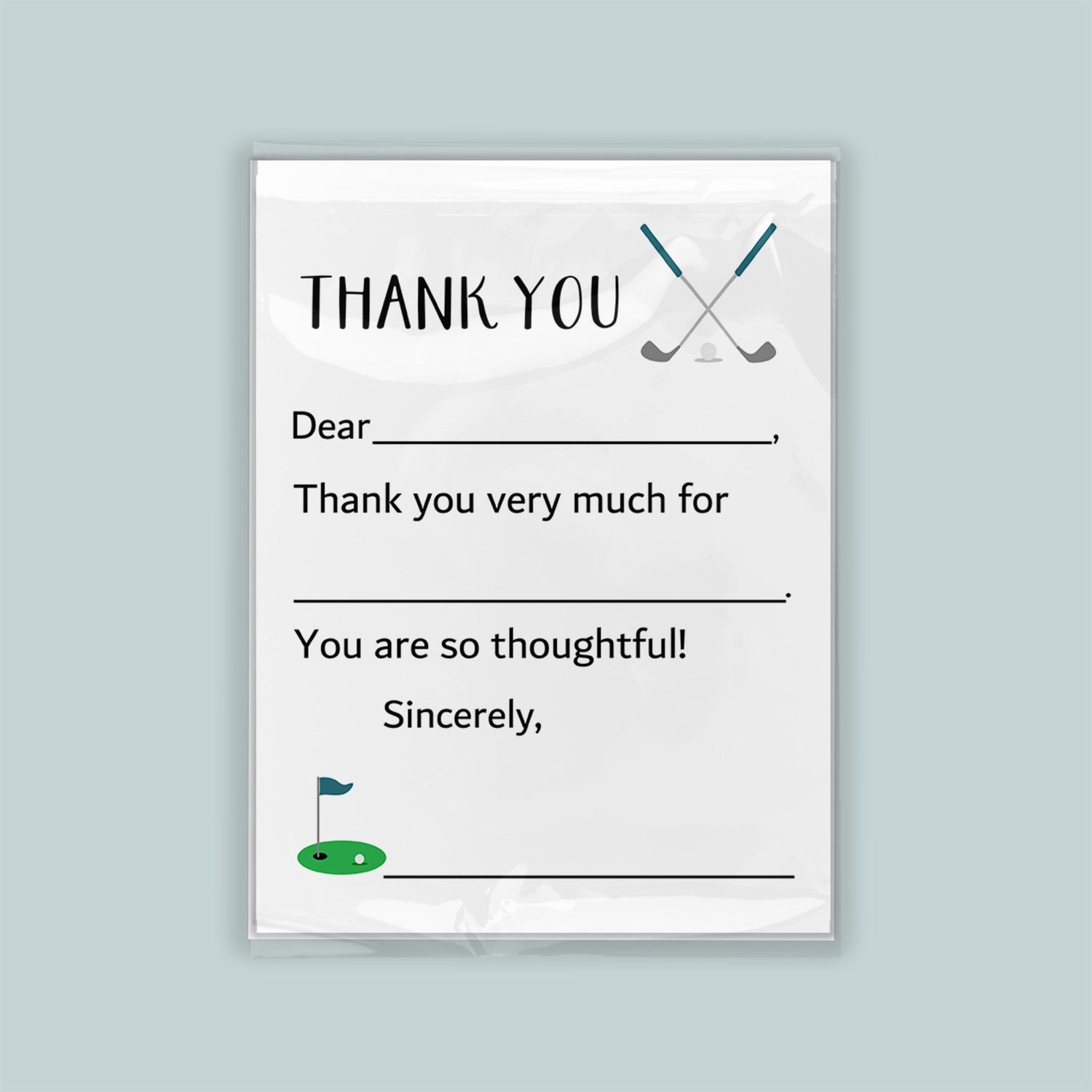 The image is a white thank you card with a golf theme, featuring a golf club and a golf ball. The card is addressed to someone and expresses gratitude for their thoughtfulness.