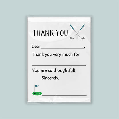 The image is a white thank you card with a golf theme, featuring a golf club and a golf ball. The card is addressed to someone and expresses gratitude for their thoughtfulness.