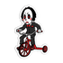 A die-cut sticker featuring a cartoon horror character with a white face, black hair, and a black suit riding a red tricycle, shown on a plain white background.