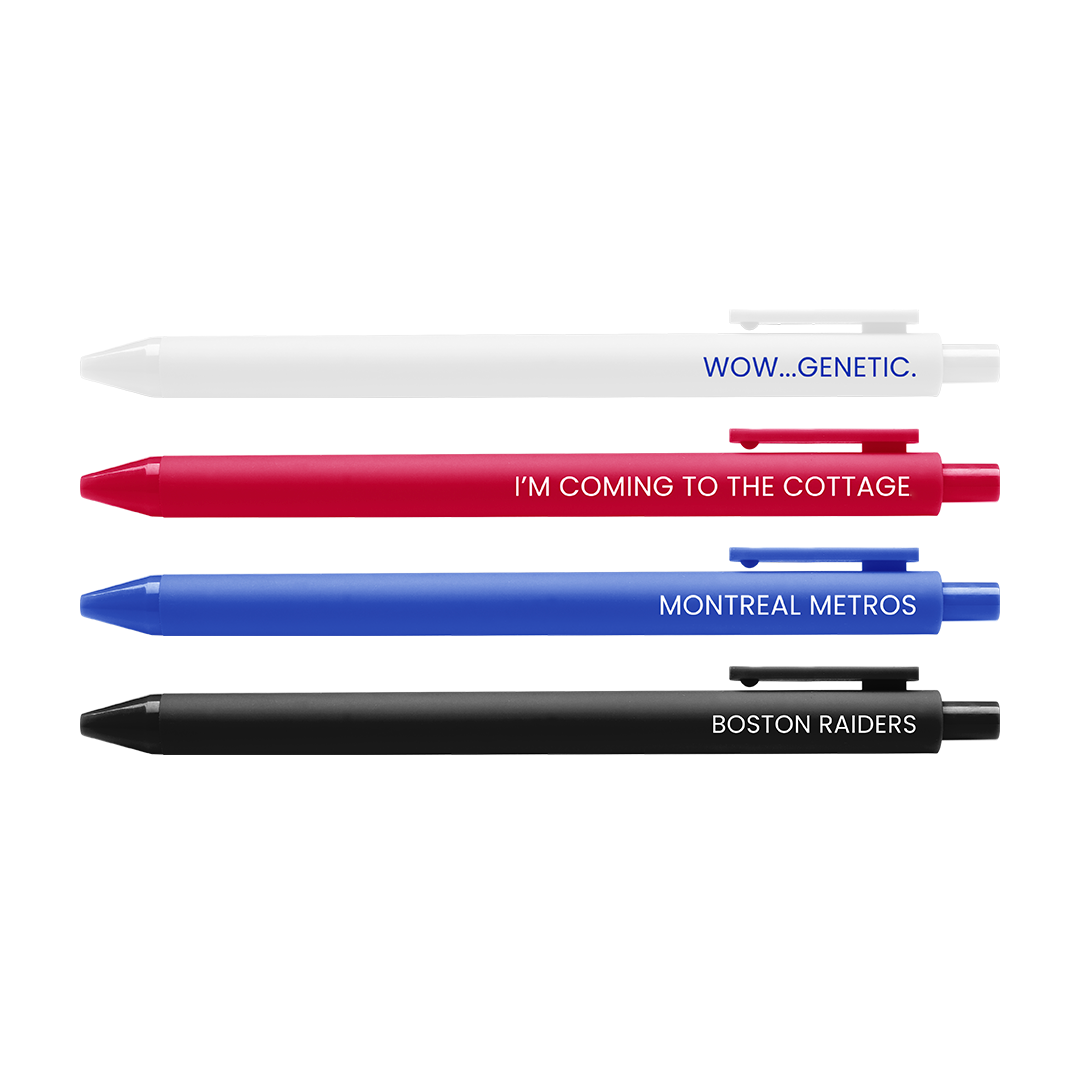Five pens with different text designs on a white background