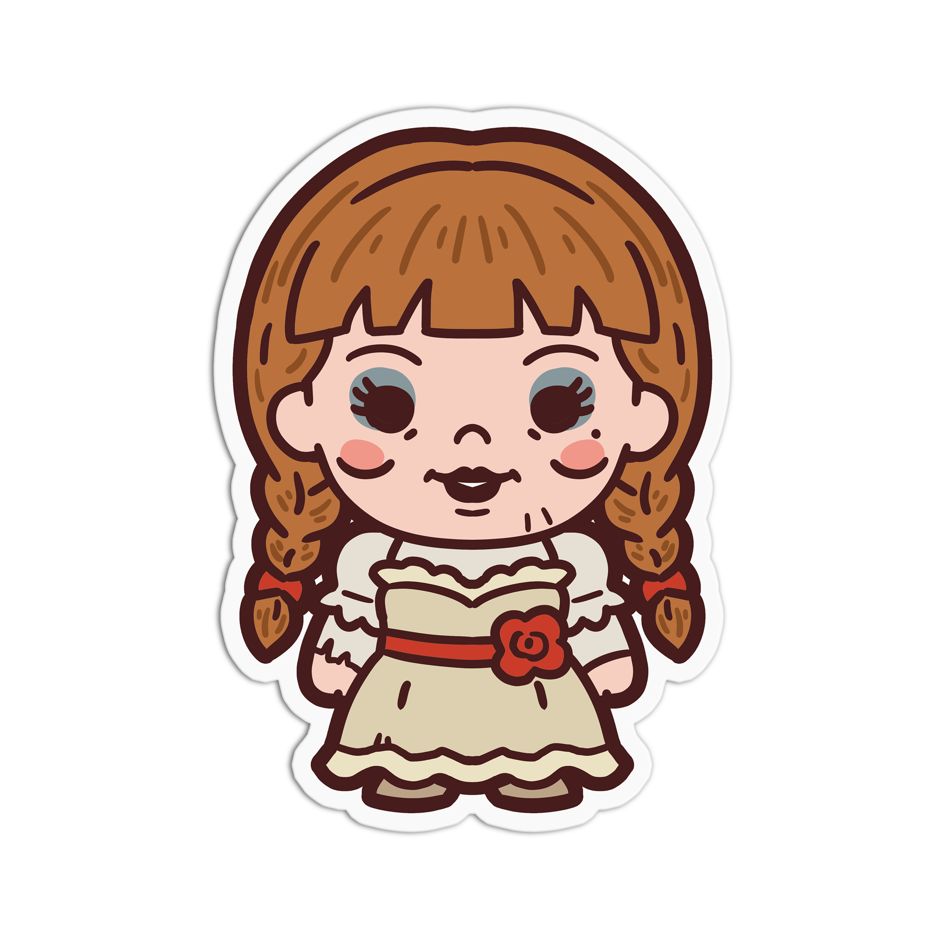 Cartoon character with brown hair and a white dress on a white background