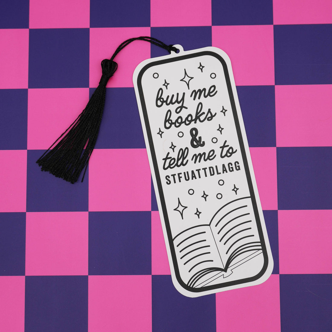 Bookmark with text on a pink and purple checkered background