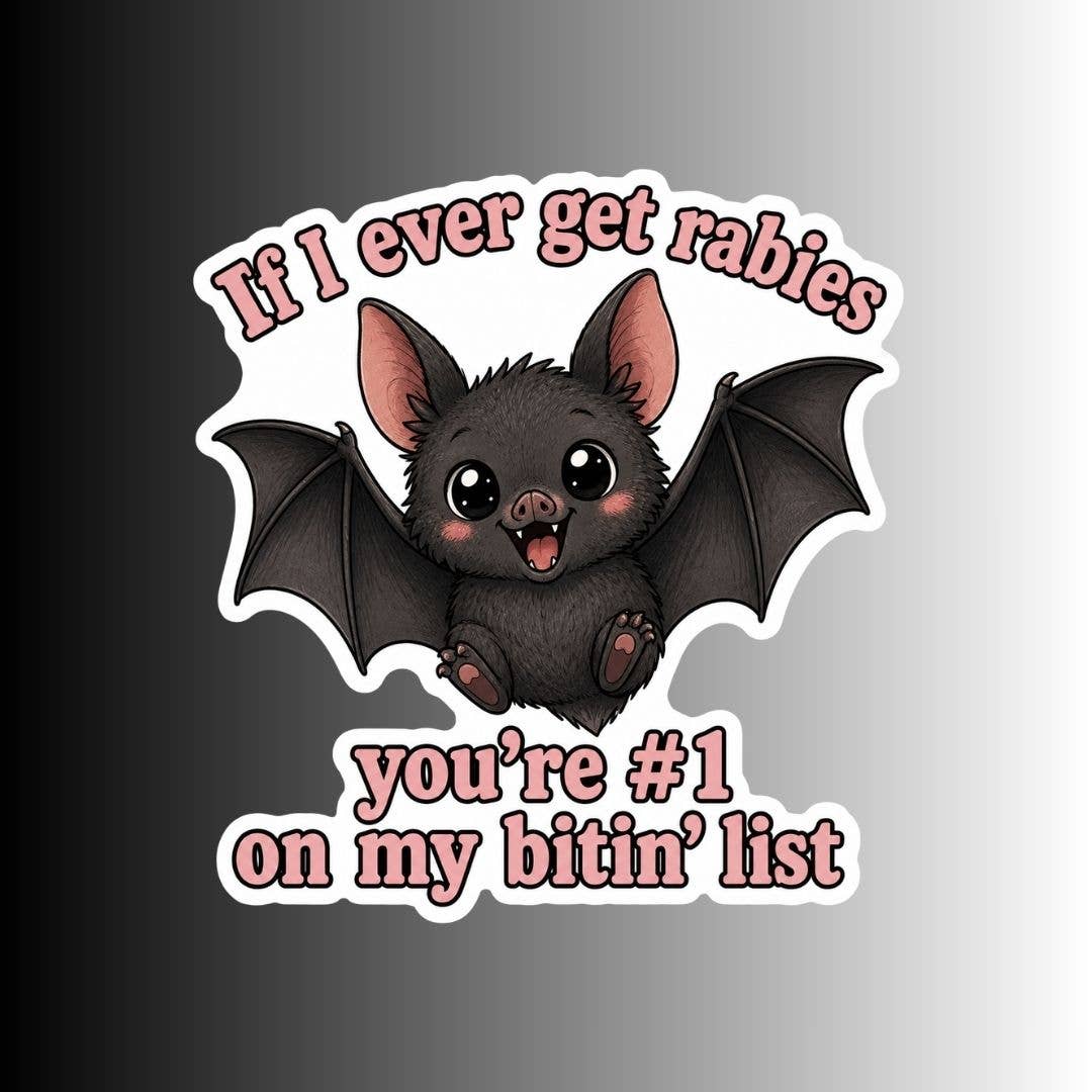 A die-cut sticker featuring a cute cartoon bat with outstretched wings and the text &