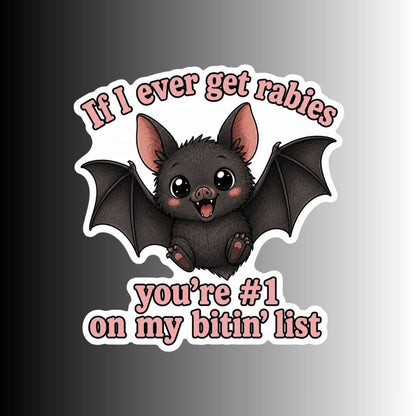 A die-cut sticker featuring a cute cartoon bat with outstretched wings and the text &