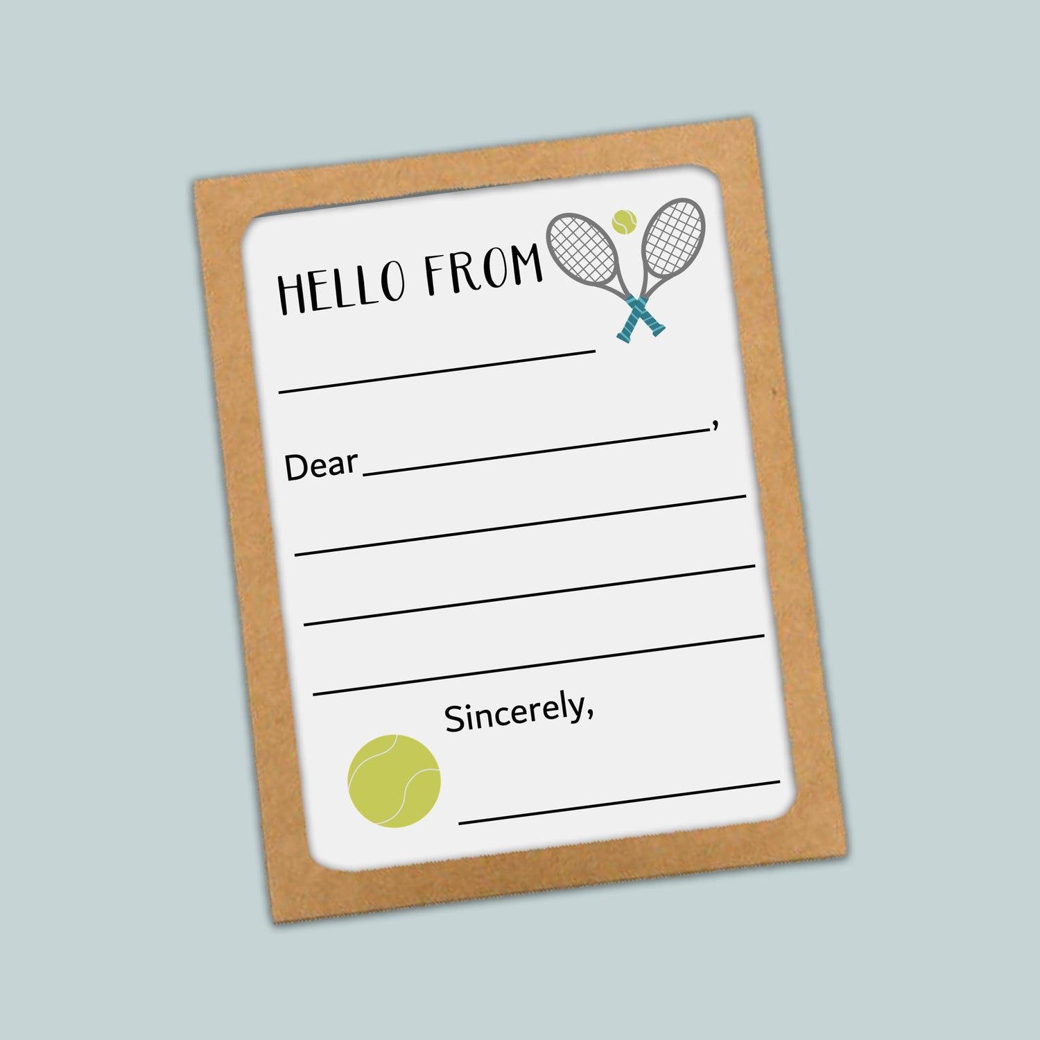 The image is a greeting card with a tennis racket and ball design, and it appears to be a letter or card addressed to someone named Dear.