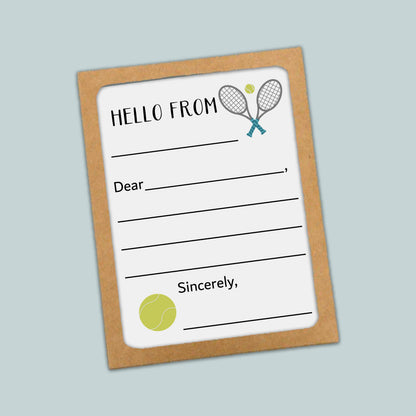 The image is a greeting card with a tennis racket and ball design, and it appears to be a letter or card addressed to someone named Dear.