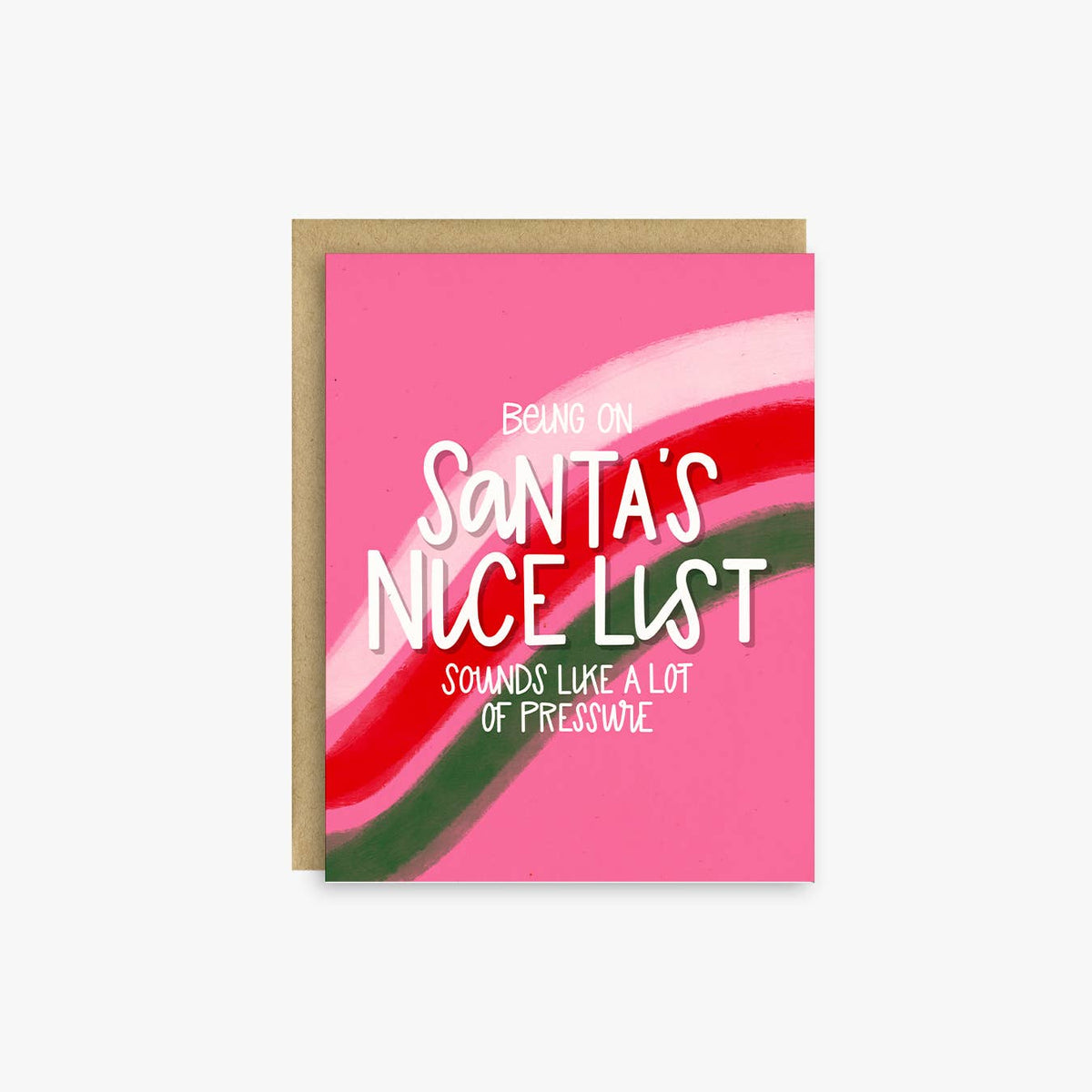 A greeting card with a kraft envelope, featuring a bright pink background with wavy red, white, and green stripes and the text &
