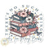 Stack of books with flowers and butterflies, surrounded by decorative text on a white background.