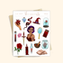 A sheet of gothic-themed microglitter stickers displayed on a light beige background. The sheet features various illustrations such as a purple-haired witch, a red rose under a glass cloche, a dagger, a potion bottle, a snake, and a red candle, with the text &