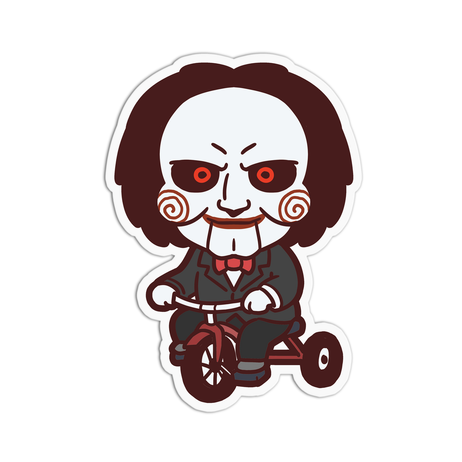 Cartoon character with red eyes and brown hair riding a tricycle on a white background