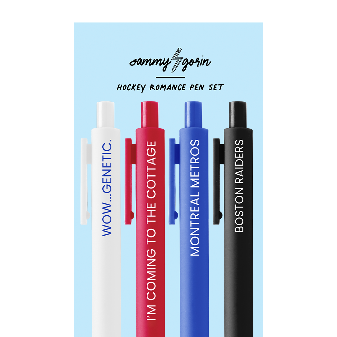 Set of four pens with different colored barrels and text on a light blue background, featuring the Sammy Gorin brand.