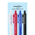 Set of four pens with different colored barrels and text on a light blue background, featuring the Sammy Gorin brand.