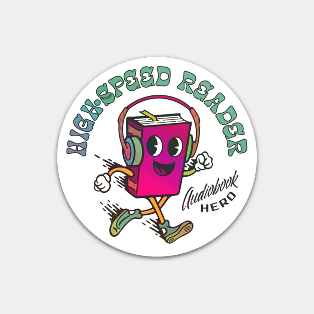 A round white sticker or decal featuring a colorful cartoon book character wearing headphones and running, with the text &