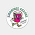 A round white sticker or decal featuring a colorful cartoon book character wearing headphones and running, with the text &