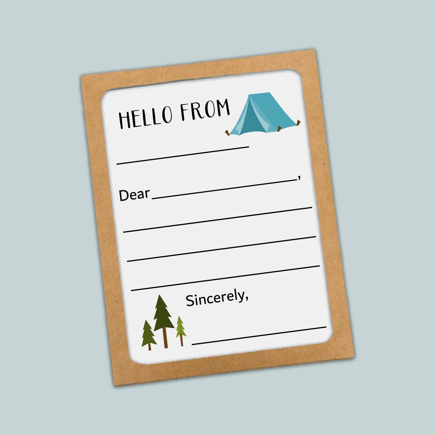 The image is a greeting card with a blank space for a message and a small illustration of a tent and pine trees.