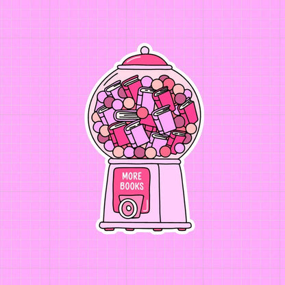 Gumball machine filled with books on a pink background