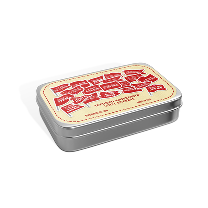 Metal tin with textured waterproof vinyl stickers on a white background