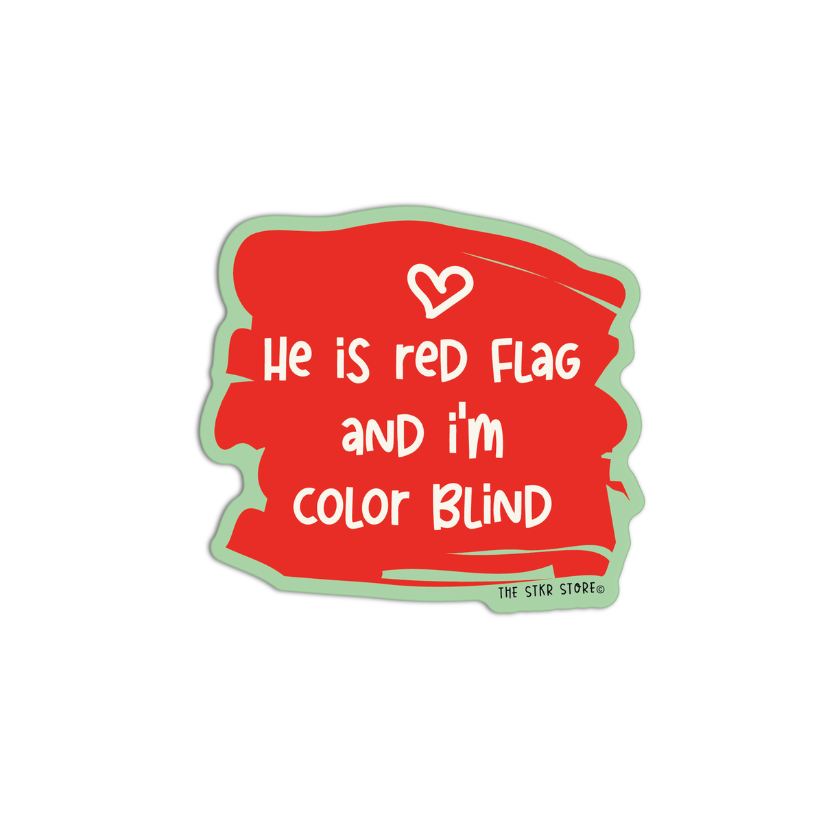 A die-cut sticker with a red paint-splatter background, white text reading &