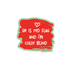A die-cut sticker with a red paint-splatter background, white text reading &