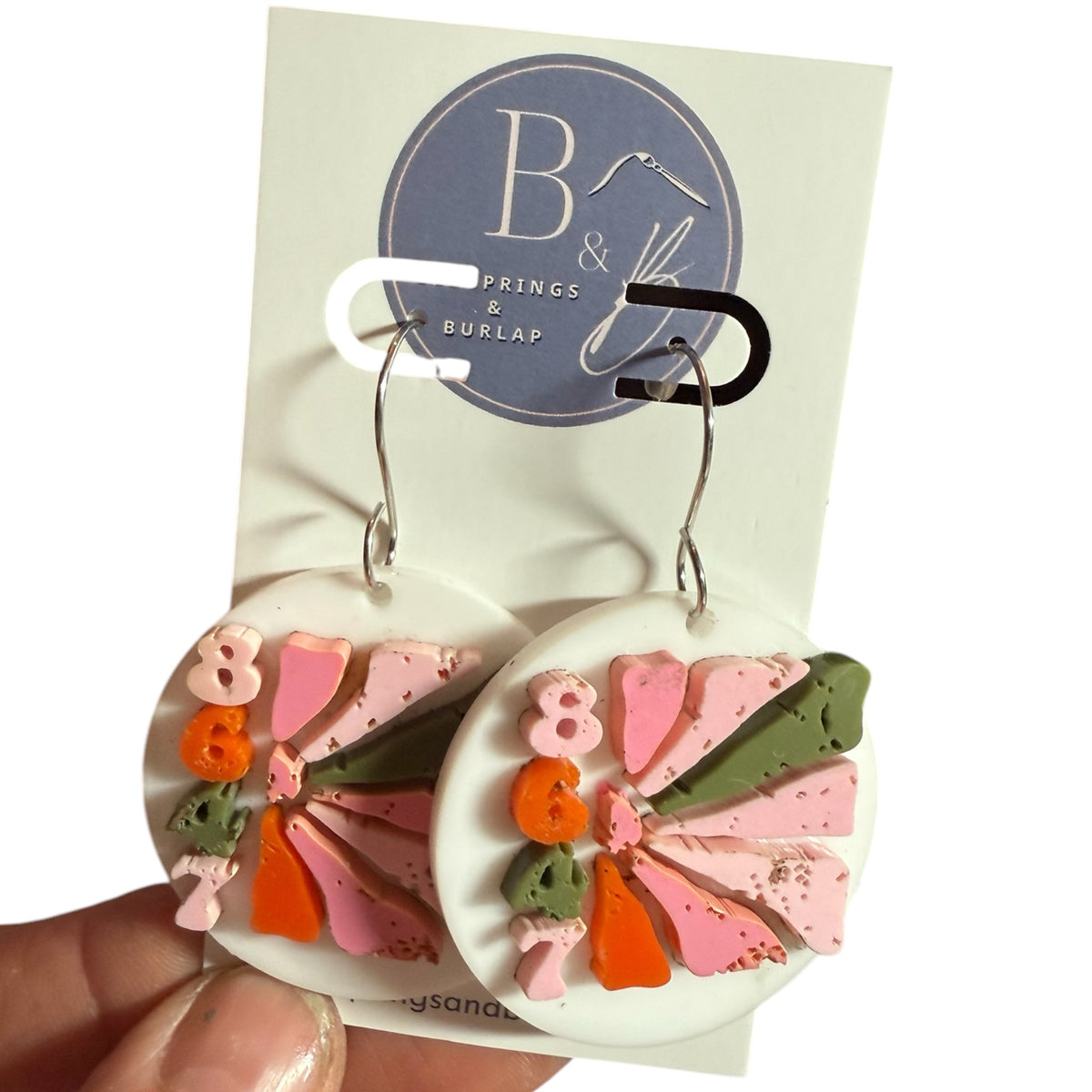 8647 White Round Acrylic Dangles With Pink Orange Green Numbers And Gold Wires