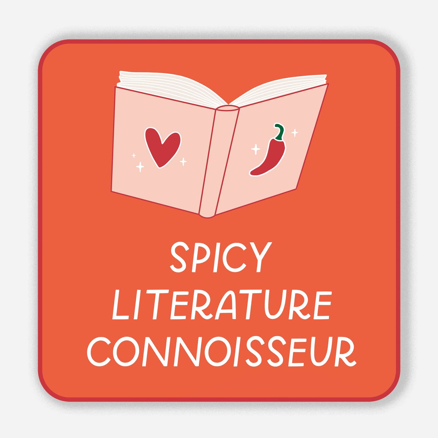 Sticker with an illustration of a book, heart, and chili pepper on an orange background with &