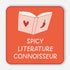 Sticker with an illustration of a book, heart, and chili pepper on an orange background with &